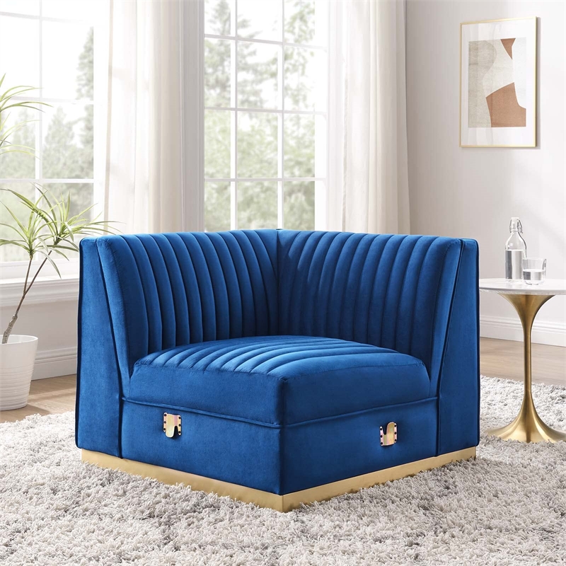 Modway Sanguine Velvet and Stainless Steel Left Corner Chair in Navy Blue