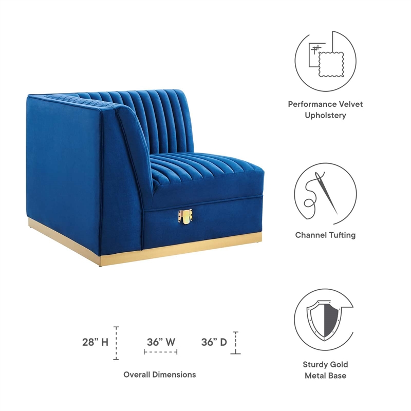 Modway Sanguine Velvet and Stainless Steel Left Corner Chair in Navy Blue
