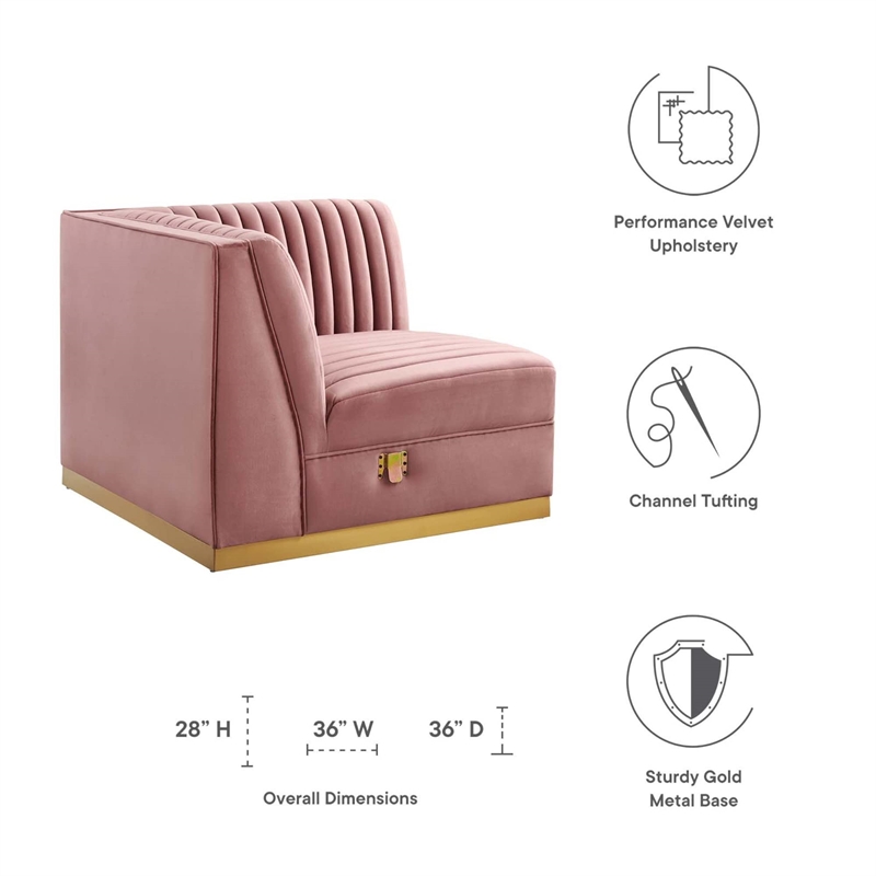 Modway Sanguine Velvet and Stainless Steel Right Corner Chair in Dusty Rose