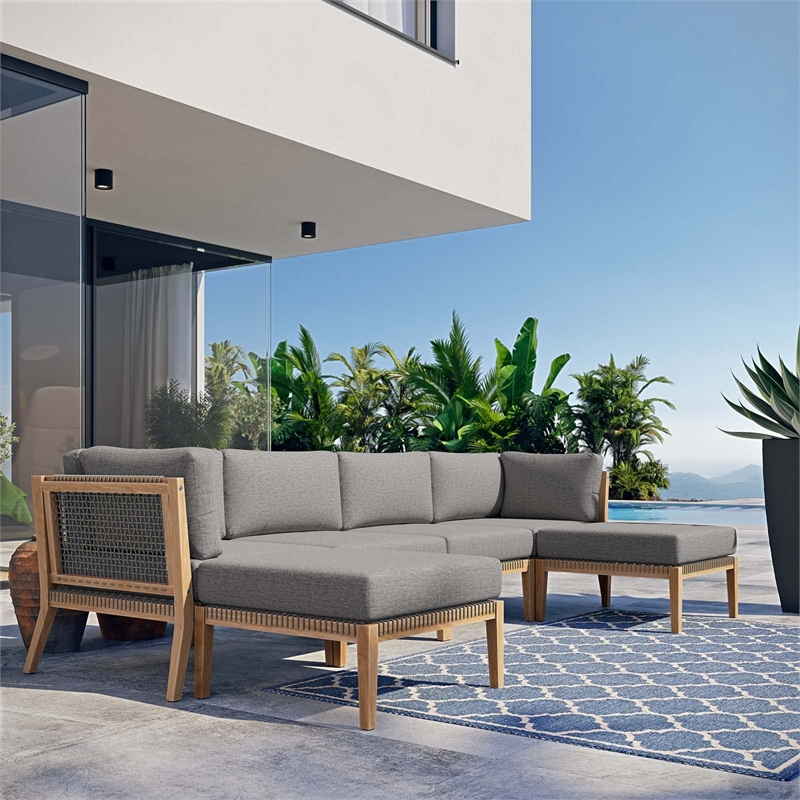 Modway Clearwater 6-Piece Wood Fabric Outdoor Sectional Sofa - Gray/Graphite