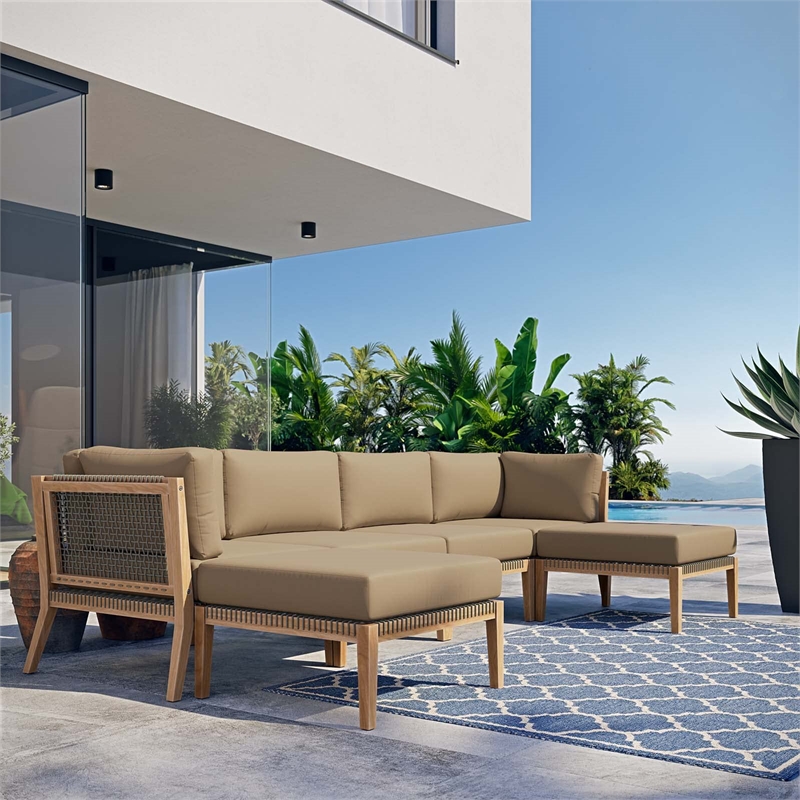 Modway Clearwater 6-Piece Wood Fabric Outdoor Sectional Sofa - Gray/Light Brown