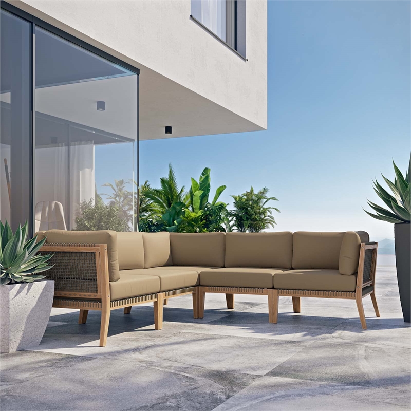 Modway Clearwater 5-Piece Wood Fabric Outdoor Sectional Sofa in Gray/Light Brown