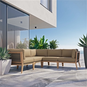 Modway Clearwater 5-Piece Wood Fabric Outdoor Sectional Sofa in Gray/Light Brown