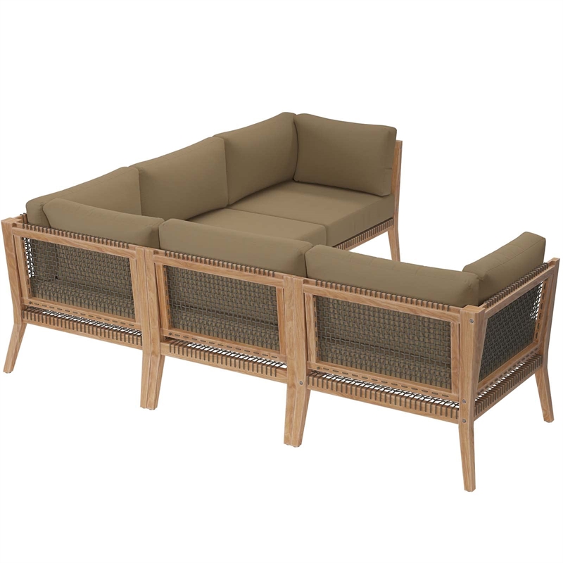 Modway Clearwater 5-Piece Wood Fabric Outdoor Sectional Sofa in Gray/Light Brown