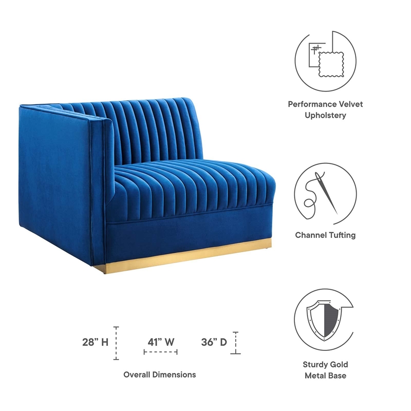 Modway Sanguine Velvet and Stainless Steel Left-Arm Chair in Navy