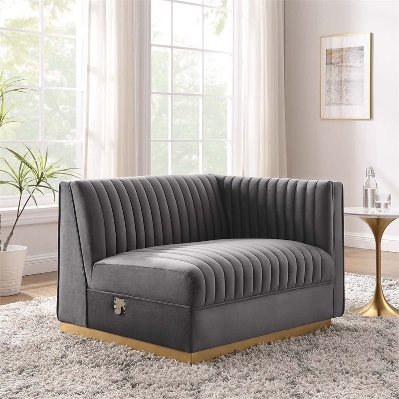 Modway Sanguine Velvet and Stainless Steel Right-Arm Chair in Gray