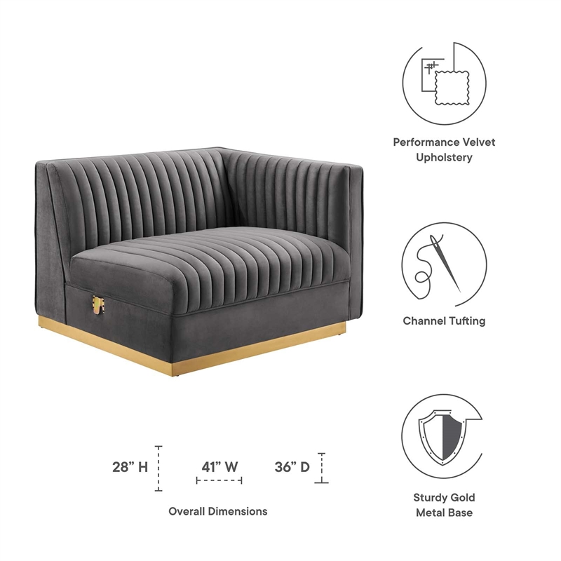 Modway Sanguine Velvet and Stainless Steel Right-Arm Chair in Gray