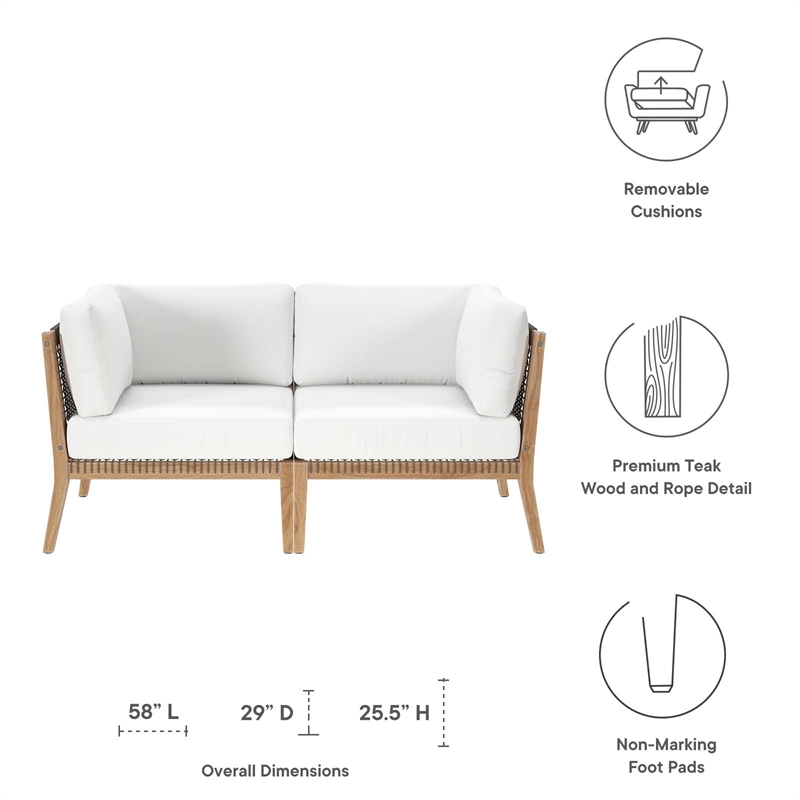 Modway Clearwater Teak Wood Fabric Outdoor Loveseat in Gray/White