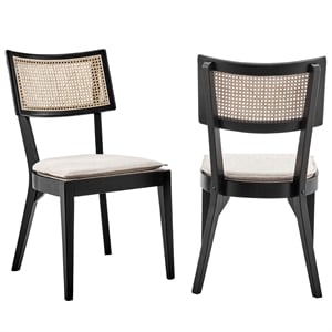 Modway Caledonia Rattan Elm Wood Fabric Dining Chairs in Black/Beige (Set of 2)