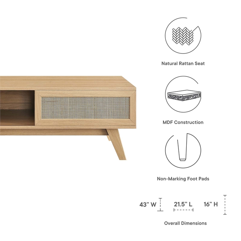 Modway Soma Modern Style Natural Rattan and MDF Wood Coffee Table in Oak