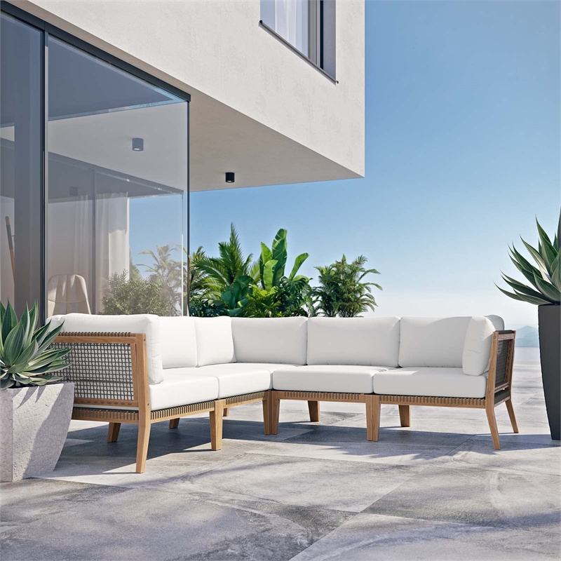 Modway Clearwater 5-Piece Wood Fabric Outdoor Sectional Sofa in Gray/White