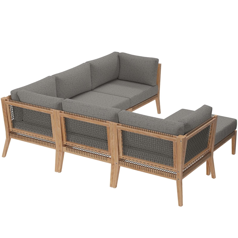 Modway Clearwater 6-Piece Wood Fabric Outdoor Sectional Sofa in Graphite/Gray