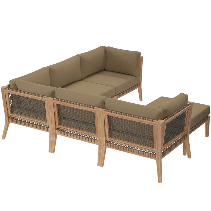 Modway Clearwater 6-Piece Wood Fabric Outdoor Sectional Sofa in Light Brown/Gray