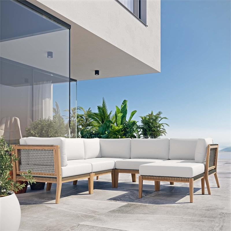 Modway Clearwater 6-Piece Wood Fabric Outdoor Sectional Sofa in White/Gray
