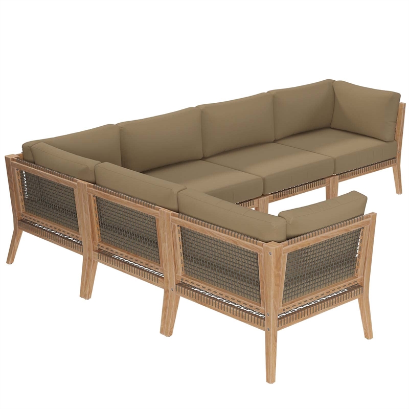 Modway Clearwater 6-Piece Wood Fabric Outdoor Sectional Sofa in Gray/Light Brown
