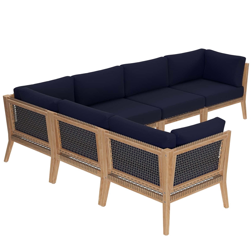 Modway Clearwater 6-Piece Wood Fabric Outdoor Sectional Sofa in Gray/Navy