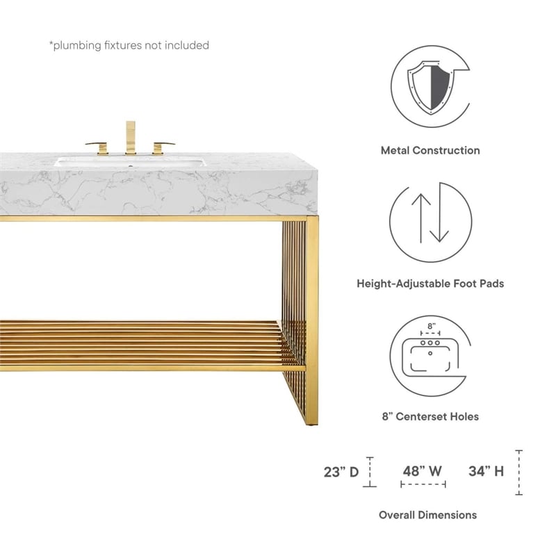 Modway Gridiron Stainless Steel Bathroom Vanity in White/Gold