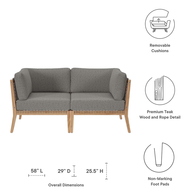 Modway Clearwater Teak Wood Fabric Outdoor Loveseat in Gray/Graphite