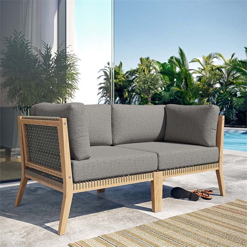 Modway Clearwater Teak Wood Fabric Outdoor Loveseat in Gray/Graphite