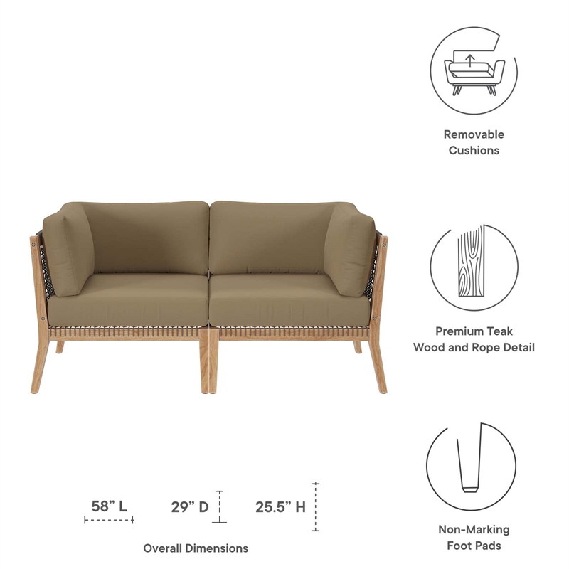 Modway Clearwater Teak Wood Fabric Outdoor Loveseat in Gray/Light Brown