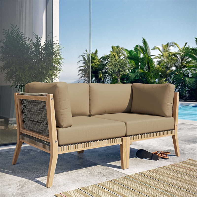 Modway Clearwater Teak Wood Fabric Outdoor Loveseat in Gray/Light Brown