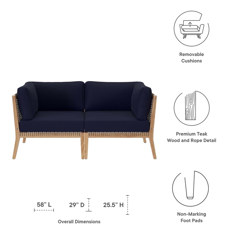 Modway Clearwater Teak Wood Fabric Outdoor Loveseat in Gray/Navy