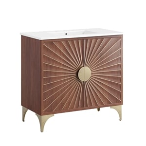 Modway Daylight 36&quot Solid Mango Wood Bathroom Vanity in White/Walnut