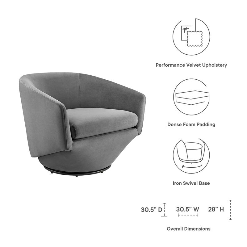 Modway Series Performance Velvet Fabric and Iron Swivel Chair in Gray
