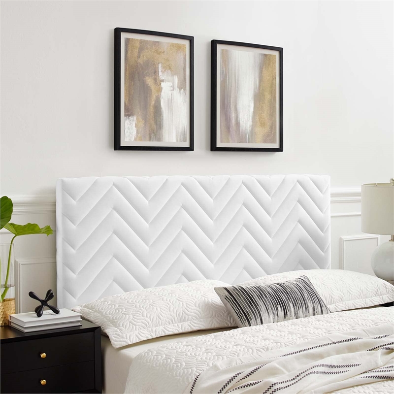 Modway Mercy Modern Style Chevron Tufted Velvet Twin Headboard in White