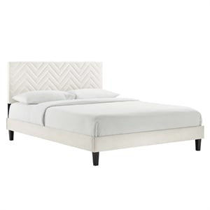 Modway Leah Chevron Tufted Velvet Full Platform Bed in White Finish