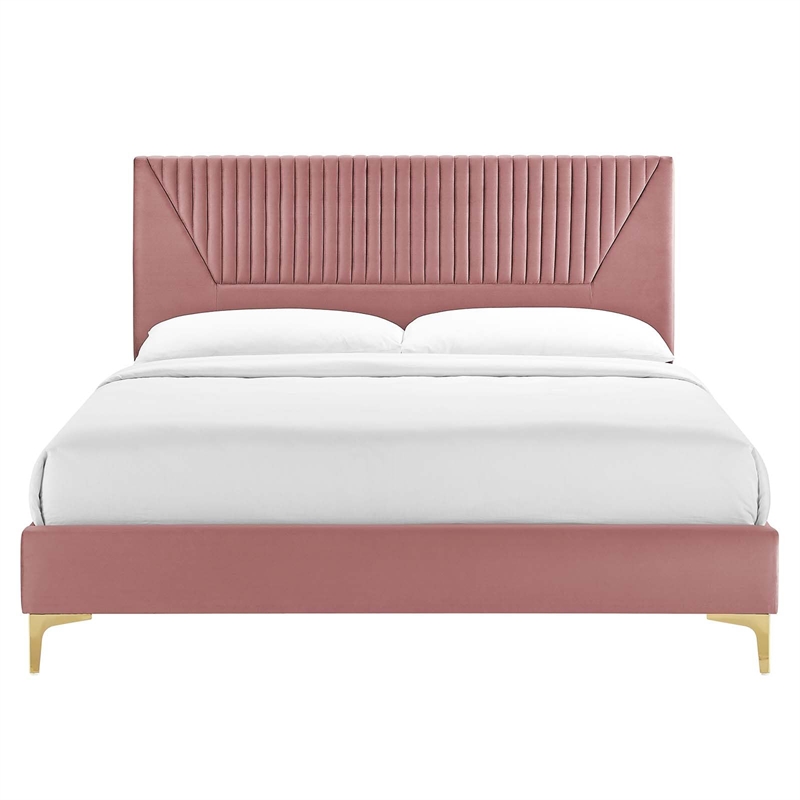 Modway Yasmine Channel Tufted Velvet King Platform Bed in Dusty Rose Finish