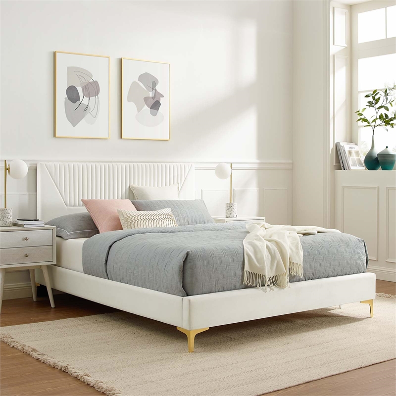 Modway Yasmine Channel Tufted Velvet King Platform Bed in White Finish