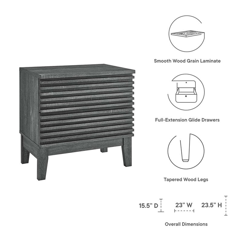 Modway Render Two-Drawer Particleboard Wood Nightstand in Charcoal