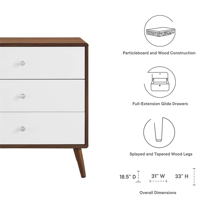 Modway Transmit 3-Drawer Particleboard Wood Chest in Walnut/White