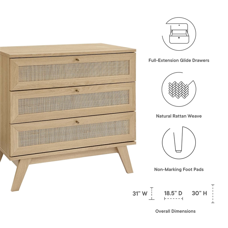 Modway Soma 3-Drawer Rattan MDF and Particleboard Dresser in Oak