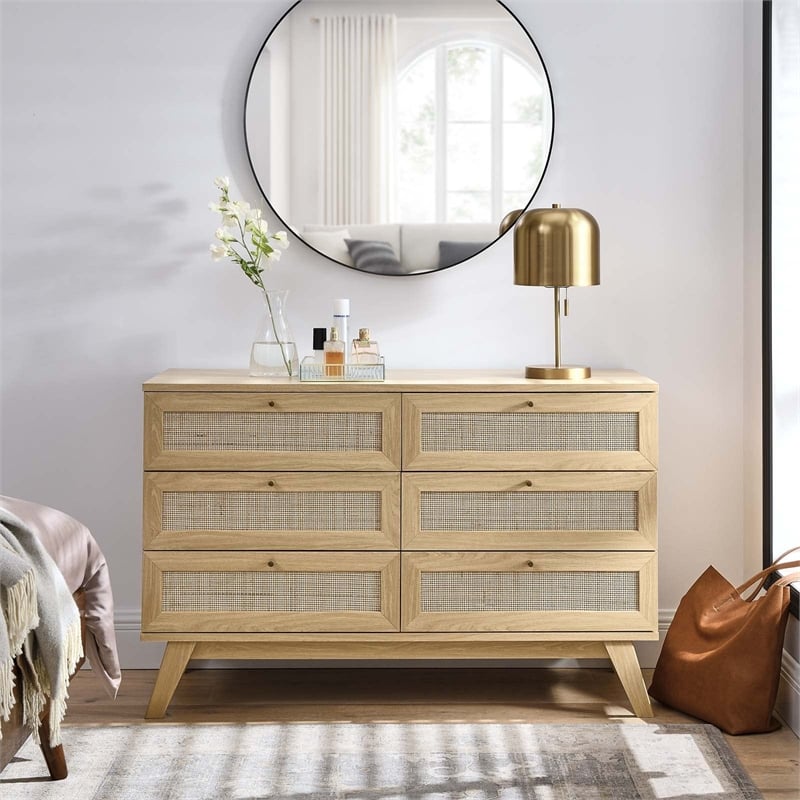 Modway Soma 6-Drawer Rattan MDF and Particleboard Dresser in Oak