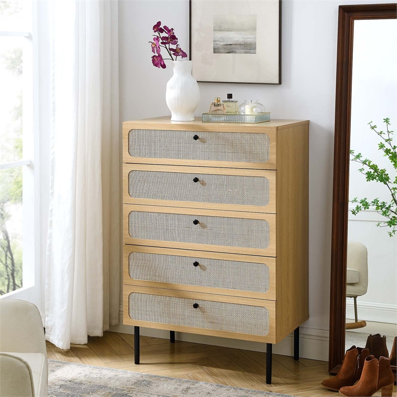 Modway Chaucer 5-Drawer Particleboard and Rattan Chest in Oak