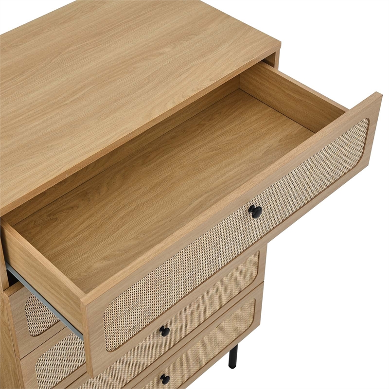 Modway Chaucer 5-Drawer Particleboard and Rattan Chest in Oak