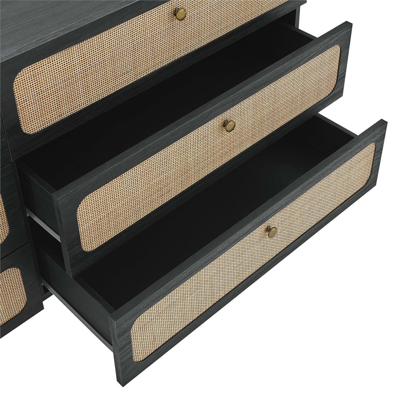 Modway Chaucer 6-Drawer Particleboard and Rattan Dresser in Black