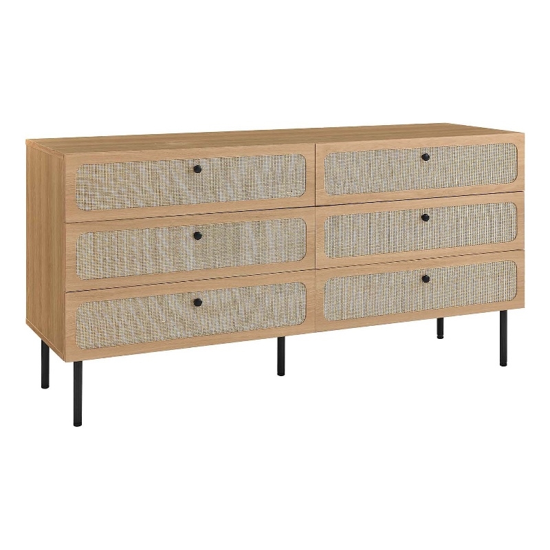 Modway Chaucer 6-Drawer Particleboard and Rattan Dresser in Oak
