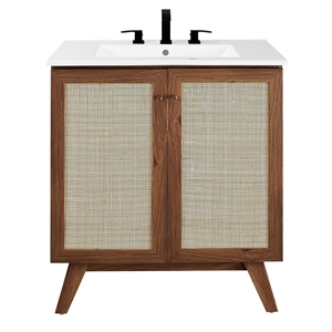 Modway Soma 30&quot Modern Wood Bathroom Vanity with Rattan Door in Walnut/White
