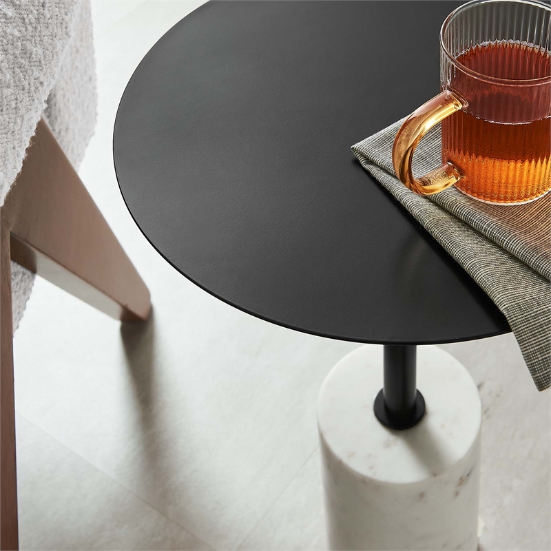 Modway Lyric Round Marble & Iron Side Table with Cylinder Base in White/Black