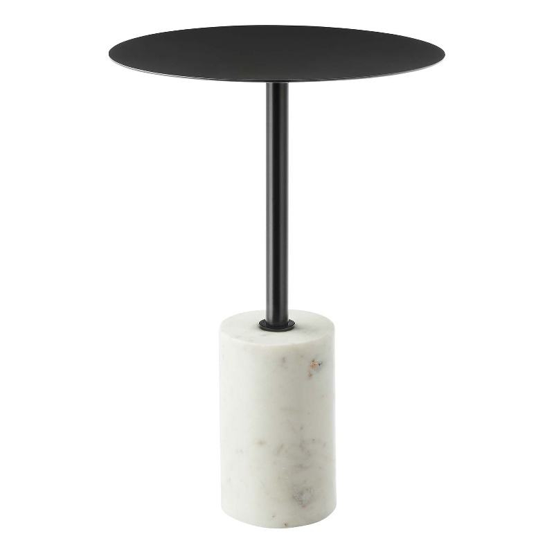 Modway Lyric Round Marble & Iron Side Table with Cylinder Base in White/Black