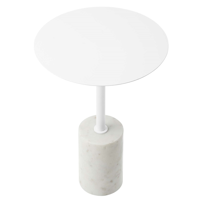 Modway Lyric Round Marble & Iron Side Table with Cylinder Base in White