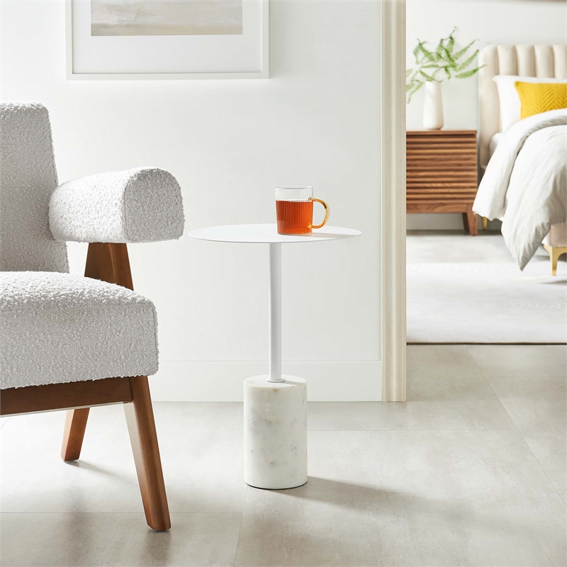 Modway Lyric Round Marble & Iron Side Table with Cylinder Base in White