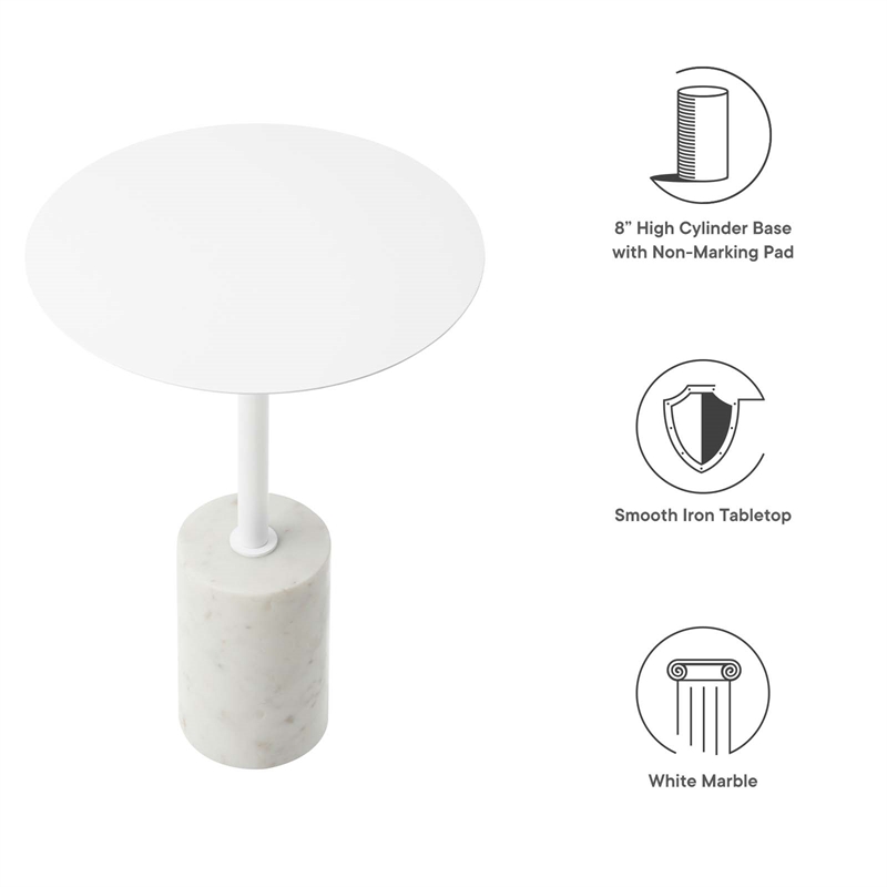 Modway Lyric Round Marble & Iron Side Table with Cylinder Base in White