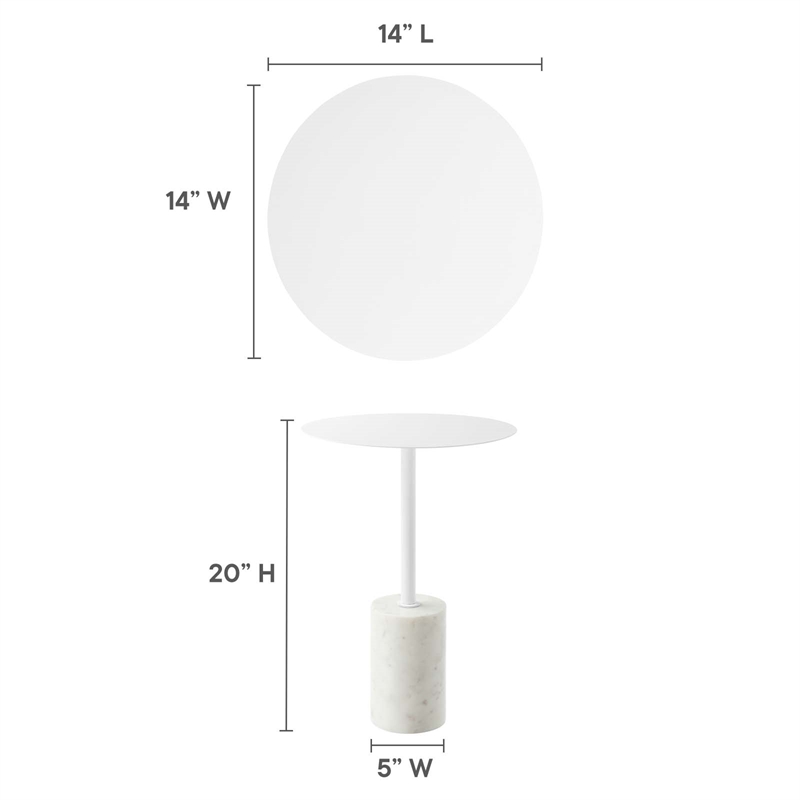 Modway Lyric Round Marble & Iron Side Table with Cylinder Base in White
