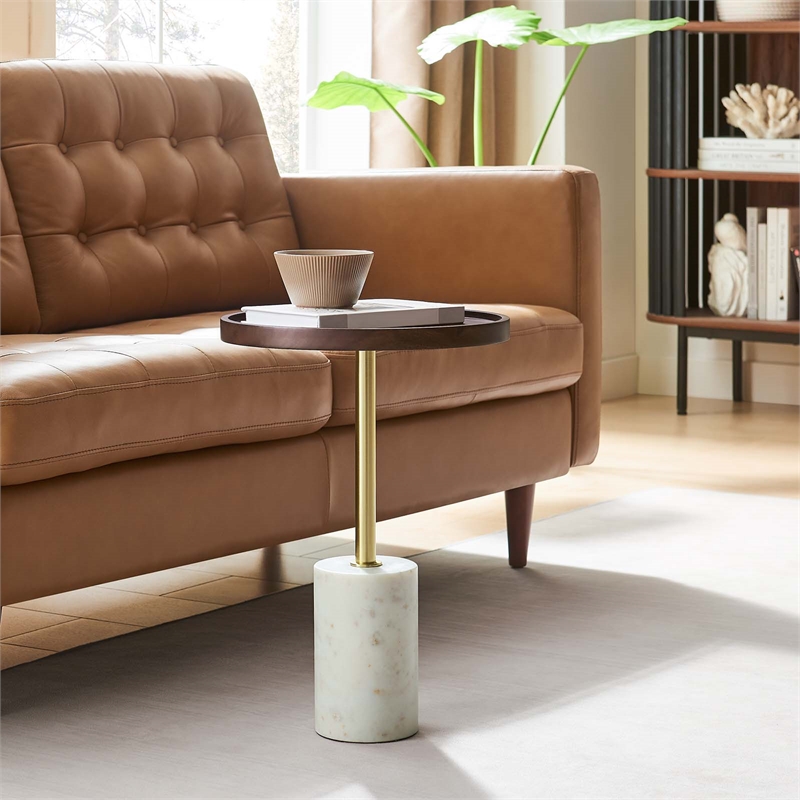 Modway Amina Round Acacia Wood Side Table in White and Walnut