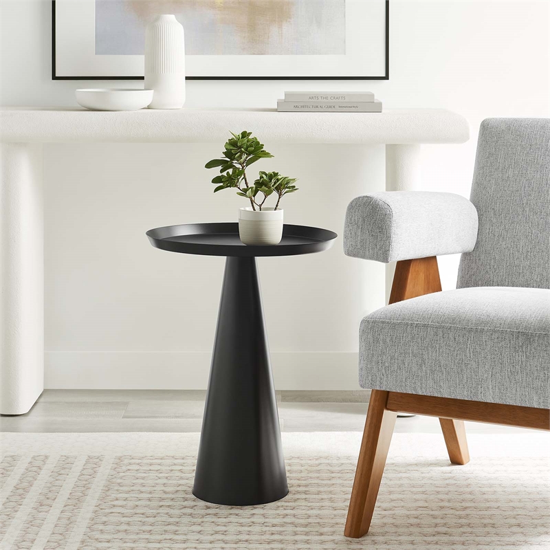 Modway Maren Round Iron Metal Side Table with Conical Pedestal Base in Black