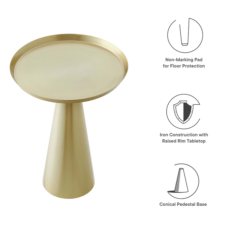 Modway Maren Round Iron Metal Side Table with Conical Pedestal Base in Brass